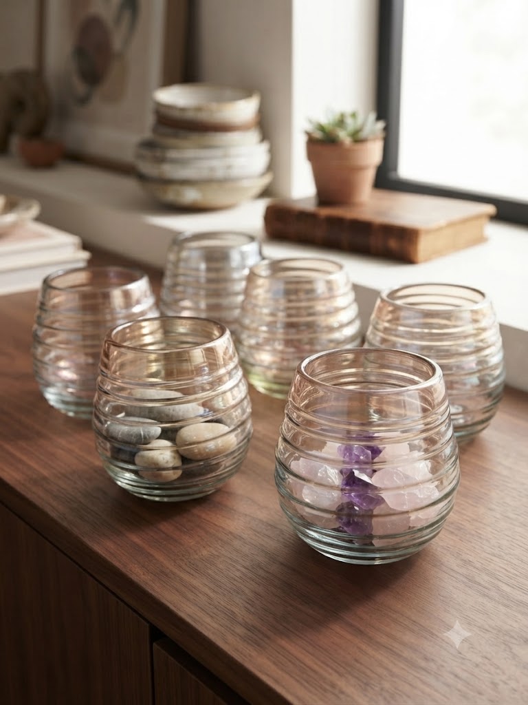 Set de 6 Vasos Artesanales de Vidrio Soplado (Diseño Acanalado Ahumado)