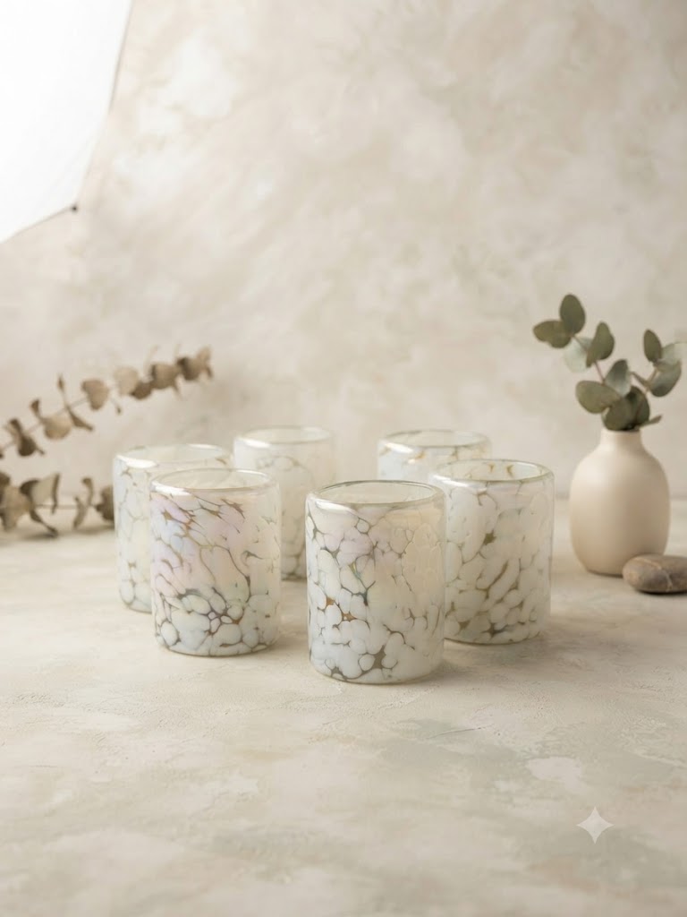 Vaso Rocca Pintas Blancas – Vidrio Soplado Artesanal (set de 6 piezas, incluye regalo con tu compra)
