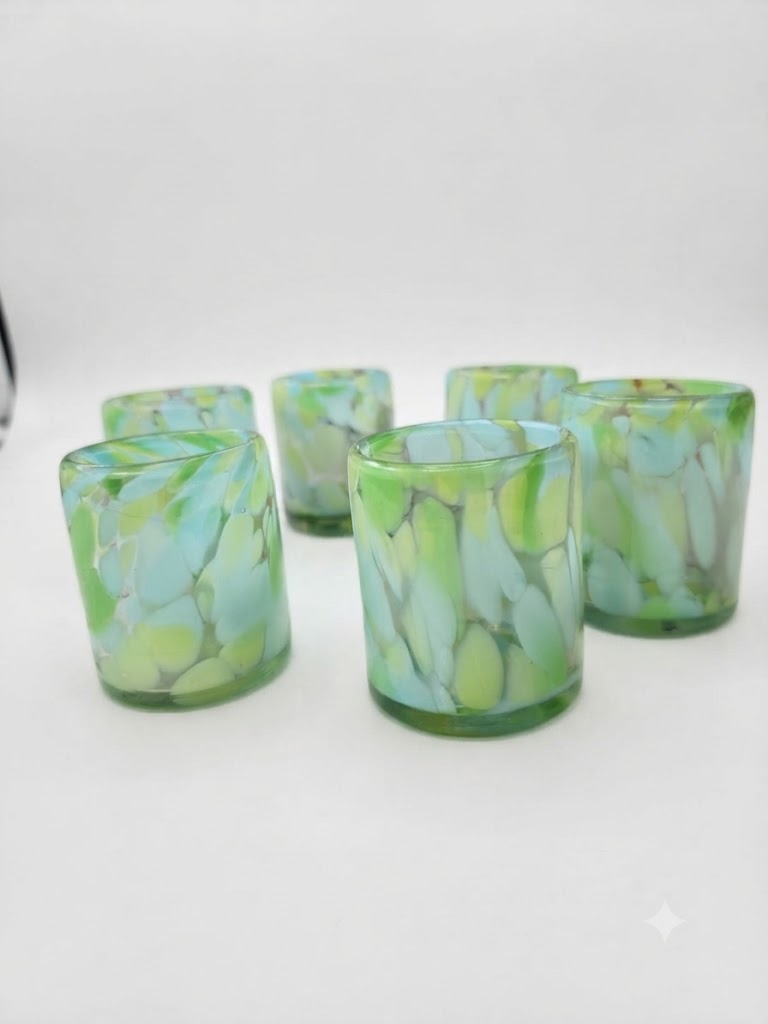 Set de 6 Vasos Artesanales de Vidrio Soplado (Tonos Verde y Aqua)