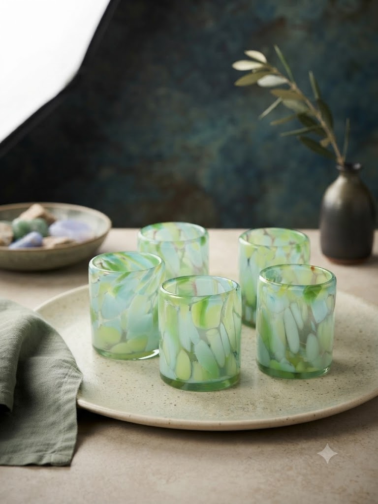 Set de 6 Vasos Artesanales de Vidrio Soplado (Tonos Verde y Aqua)