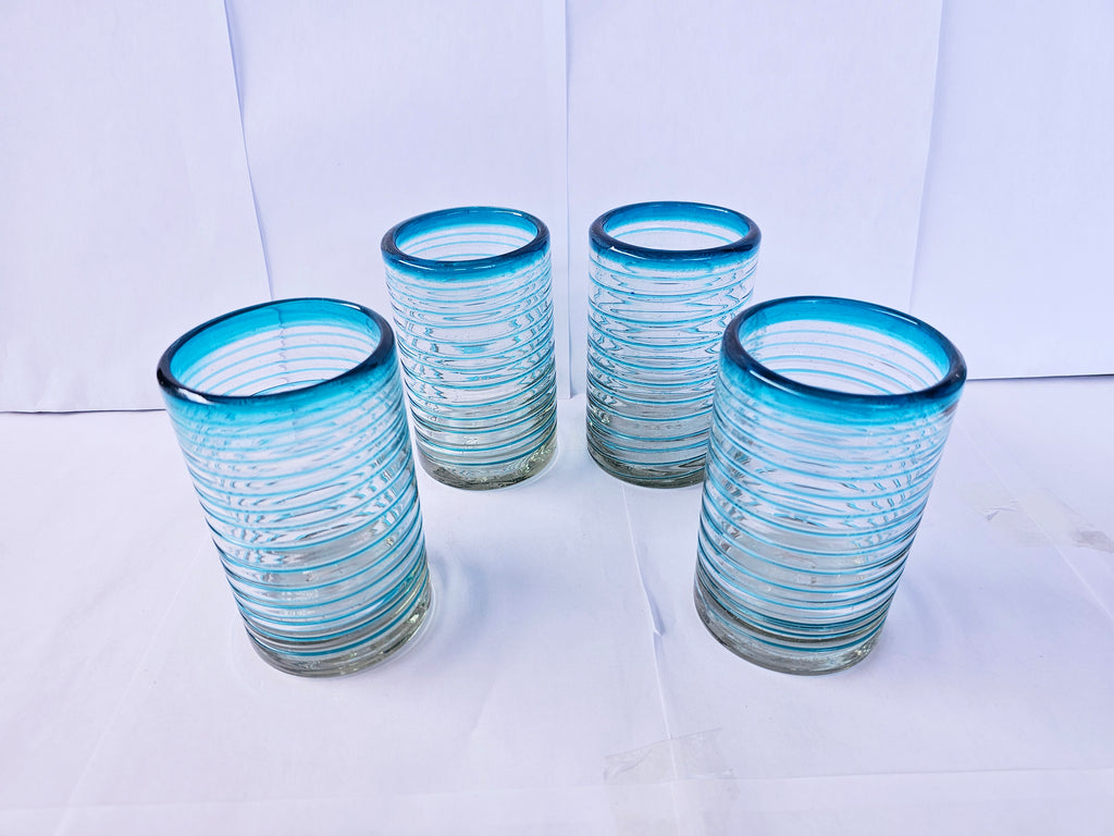 Set de 6 Vasos de Vidrio Soplado Espiral Aquamarina – 14 oz + Regalo Incluido