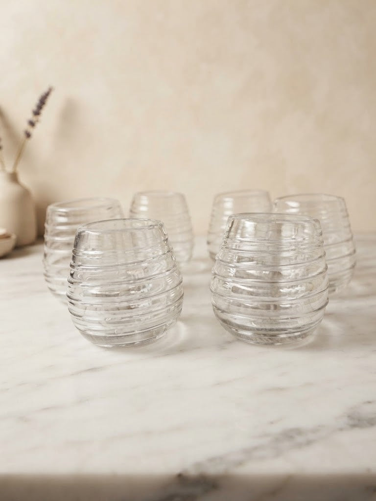 6 Vasos Artesanales de Vidrio Soplado (Diseño Espirales Cristal con Brillo Tornasol)