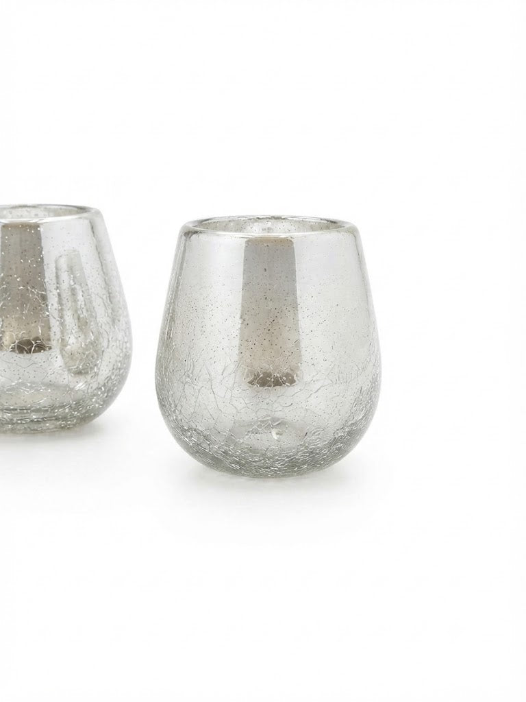6 PIEZAS DE VASOS DE VIDRIO (FORMA BOLA EFECTO QUEBRADO CON BRILLO TORNASOL)