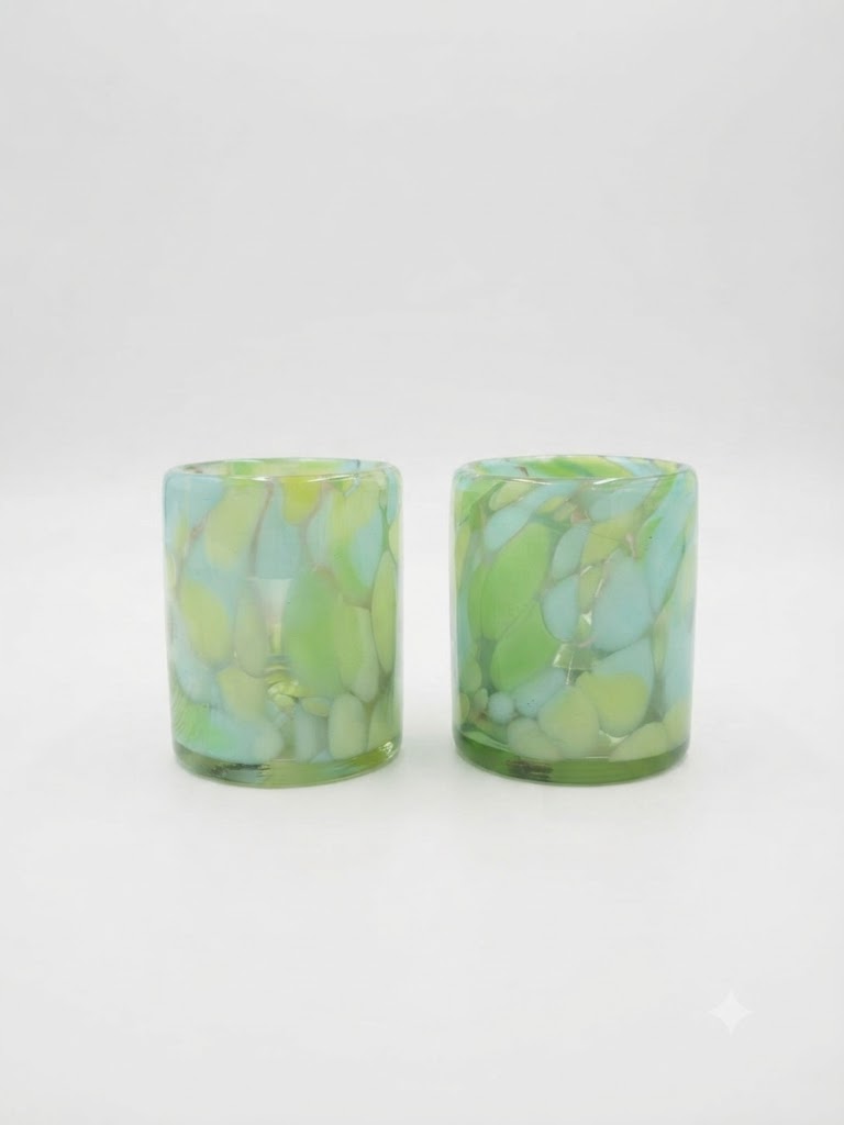 Set de 6 Vasos Artesanales de Vidrio Soplado (Tonos Verde y Aqua)