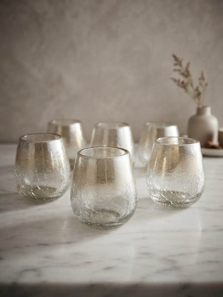 6 PIEZAS DE VASOS DE VIDRIO (FORMA BOLA EFECTO QUEBRADO CON BRILLO TORNASOL)