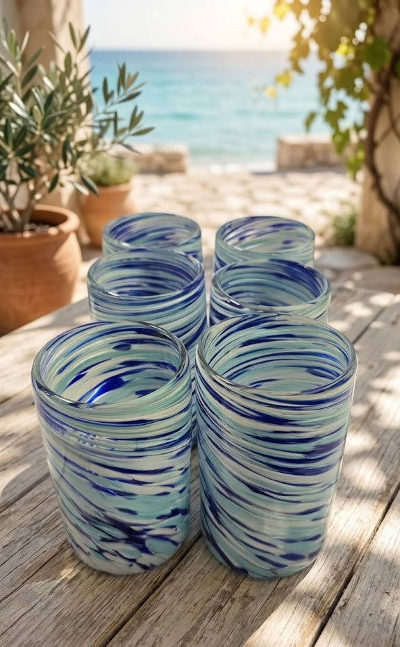 Vasos de Vidrio Artesanales  "Pintas Malibu Torneadas" (Juego de 6 INCLUYE REGALO CON COMPRA)