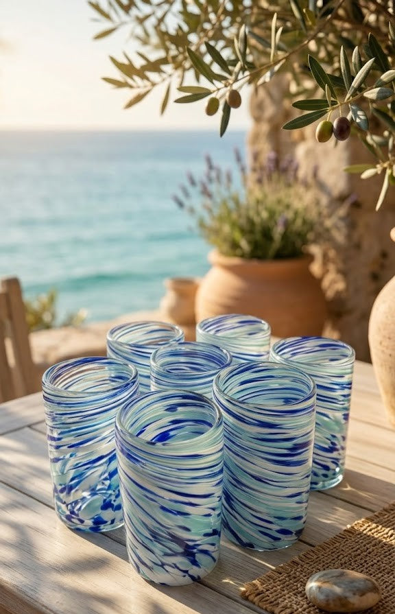 Vasos de Vidrio Artesanales  "Pintas Malibu Torneadas" (Juego de 6 INCLUYE REGALO CON COMPRA)