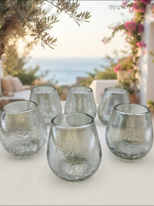 VASOS DE VIDRIO SET DE 6 PIEZAS FORMA BOLA EFECTO QUEBRADO CON LUSTRE