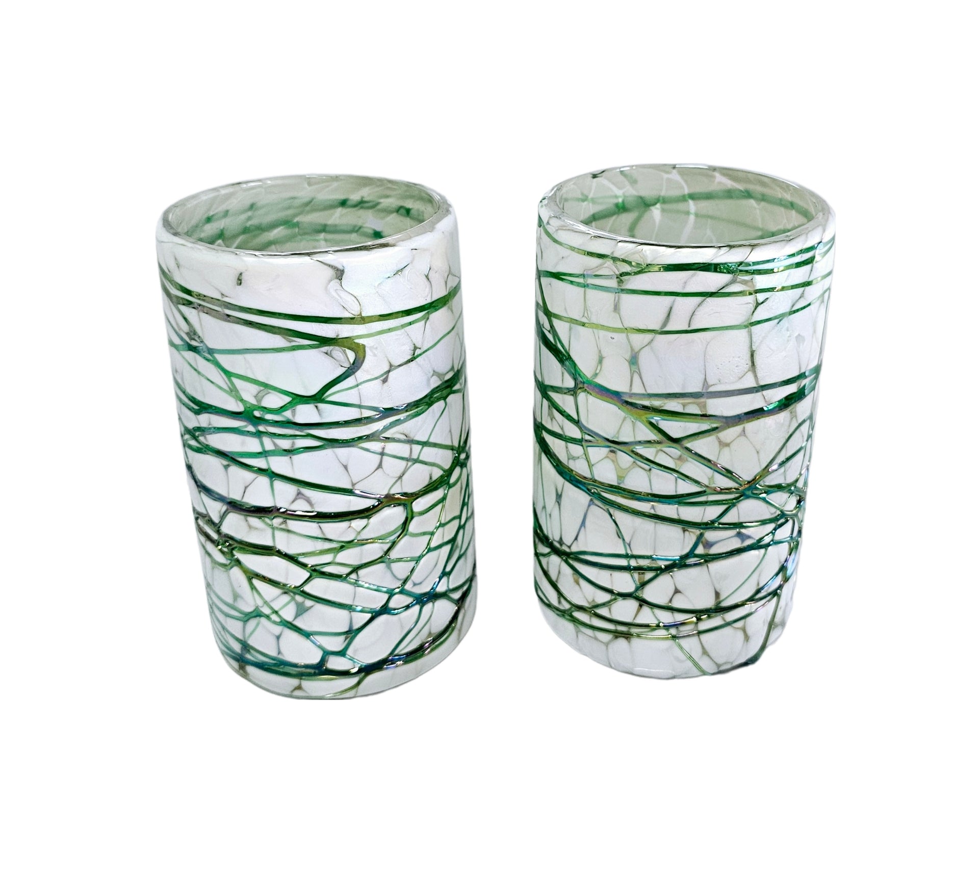 Set de 6 Vasos de Vidrio Soplado Pintas Blancas con Telaraña Verde Jade – 14 oz + Regalo Incluido