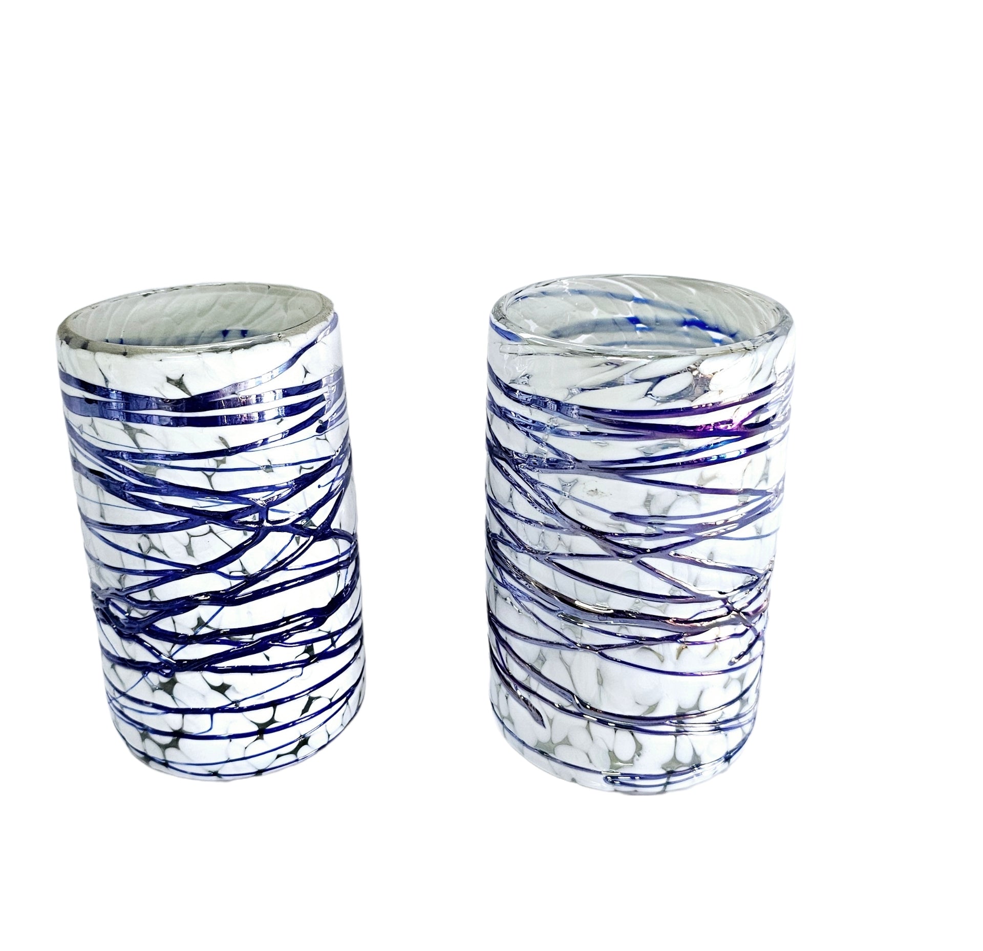 Set de 6 Vasos de Vidrio Soplado Pintas Blancas con Telaraña Cobalto – 10 oz + Regalo Incluido