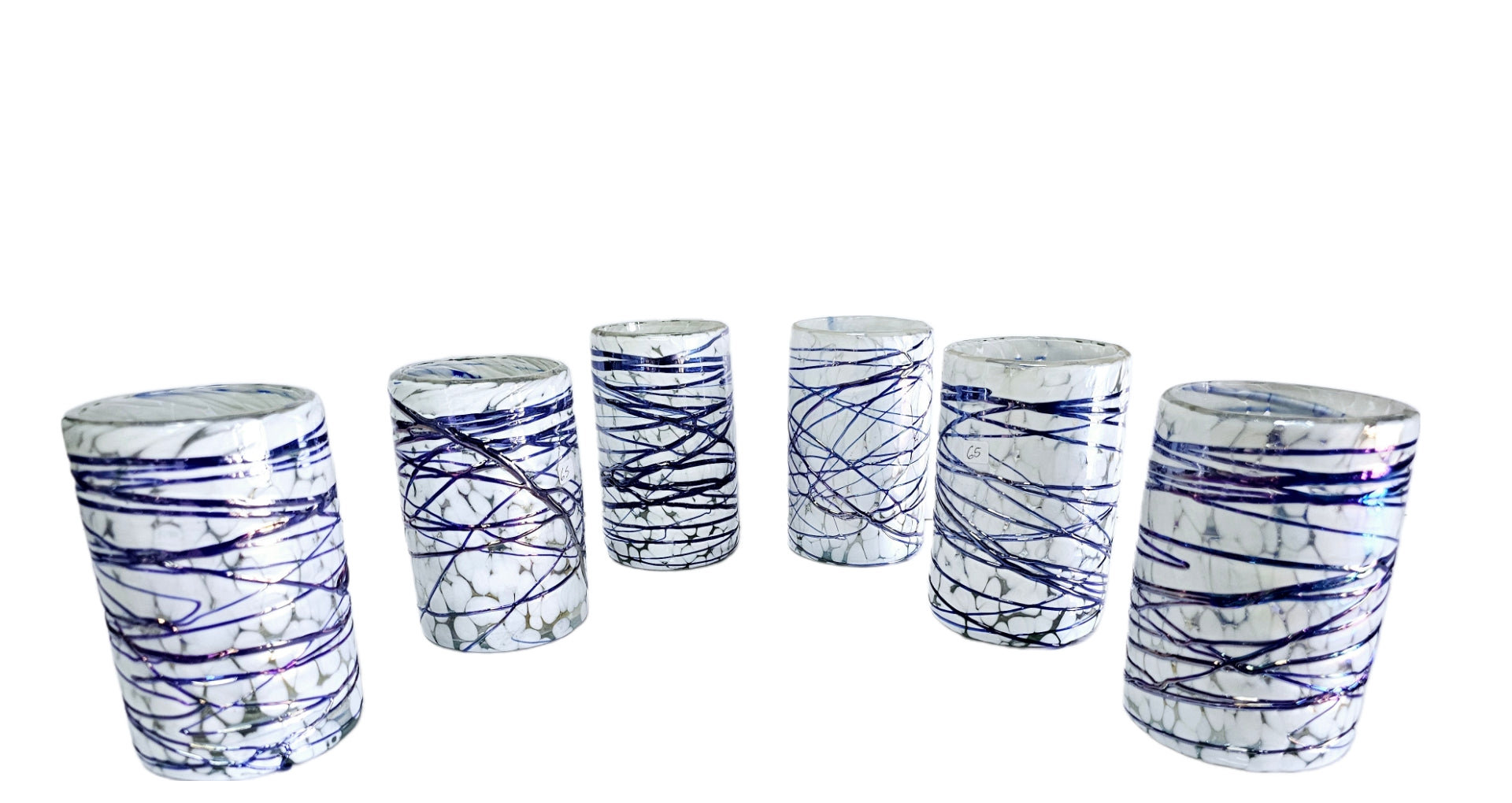 Set de 6 Vasos de Vidrio Soplado Pintas Blancas con Telaraña Cobalto – 10 oz + Regalo Incluido