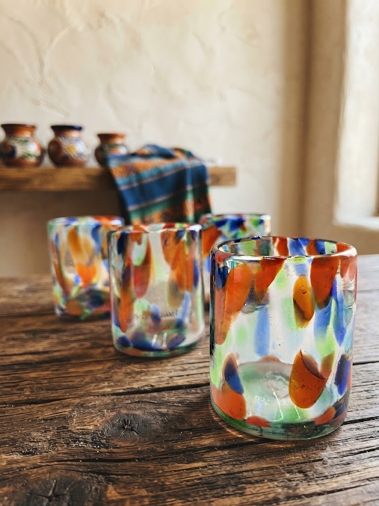 VASOS DE VIDRIO SET DE 6 PIEZAS PINTAS NARANJA FORMA RECTA