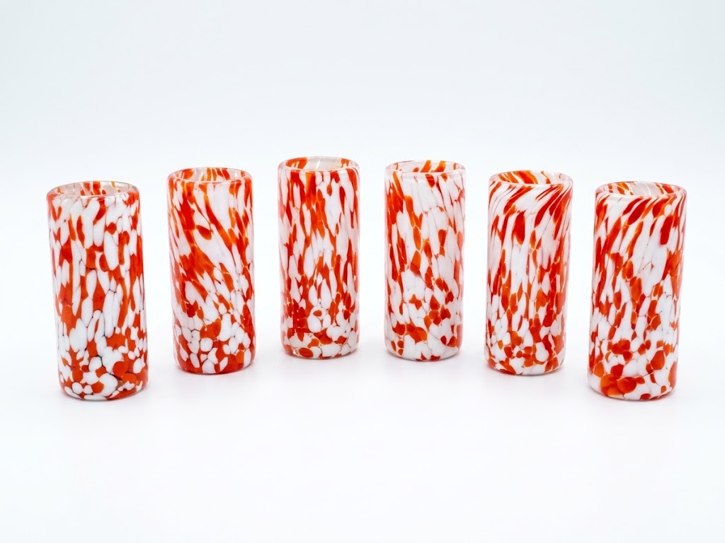 6 PZ TEQUILERO DE VIDRIO 4X9CM (MOD. PINTAS BLANCAS CON NARANJA )