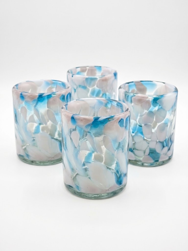 6 PZ VASOS DE VIDRIO 8X10CM (MOD. PINTAS ROSAS CON AZUL Y BLANCO)