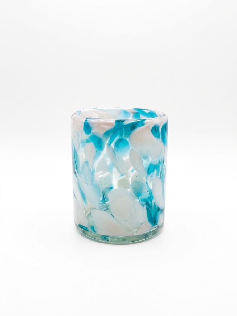 6 PZ VASOS DE VIDRIO 8X10CM (MOD. PINTAS ROSAS CON AZUL Y BLANCO)