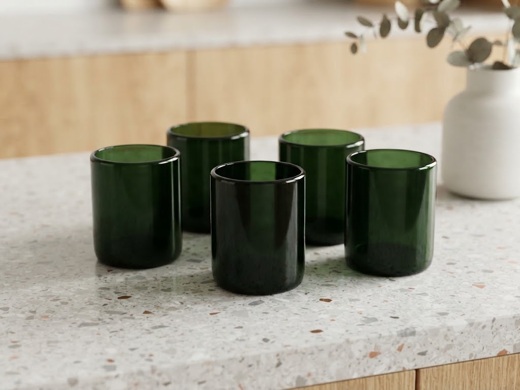 6 VASOS DE VIDRIO 8X10CM (MOD. SOLIDO VERDE OLIVO)