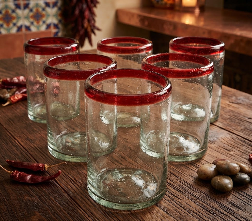 6 VASOS DE VIDRIO 8X13CM (MOD. POSTA ROJA)