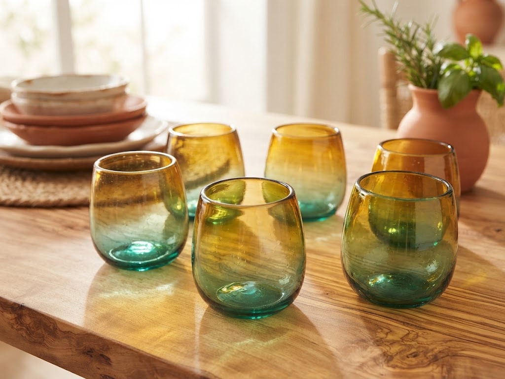6 PIEZAS DE VASOS DE VIDRIO (MOD. BICOLOR AMBAR CON AGUAMARINA FORMA BOLA)
