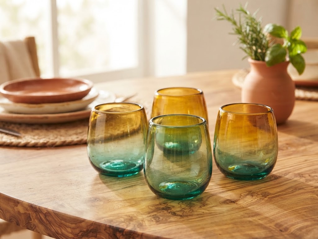 6 PIEZAS DE VASOS DE VIDRIO (MOD. BICOLOR AMBAR CON AGUAMARINA FORMA BOLA)