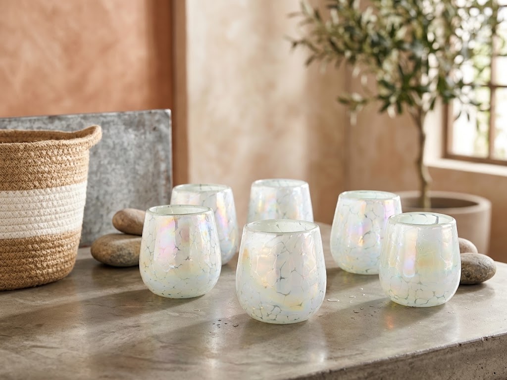 6 PZ VASOS DE VIDRIO FORMA BOLA (MOD. PINTAS BLANCAS CON LUSTRE)