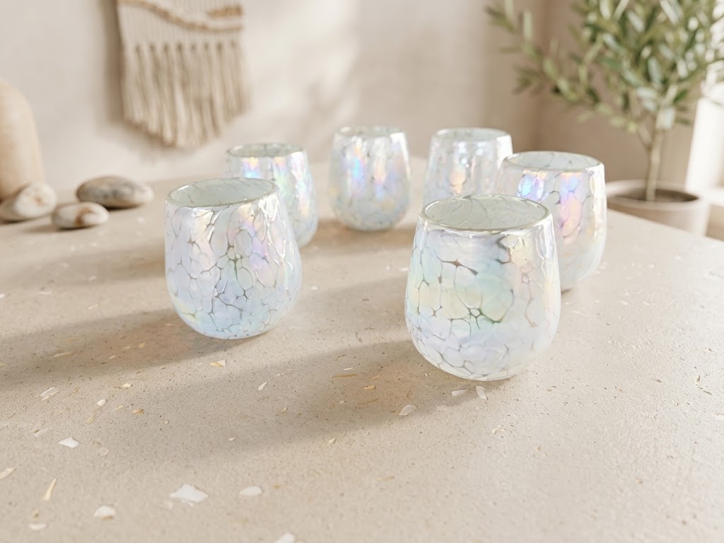 6 PZ VASOS DE VIDRIO FORMA BOLA (MOD. PINTAS BLANCAS CON LUSTRE)