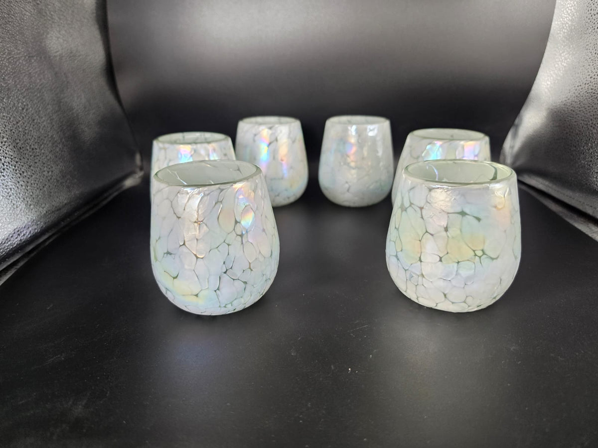 6 PZ VASOS DE VIDRIO FORMA BOLA (MOD. PINTAS BLANCAS CON LUSTRE)