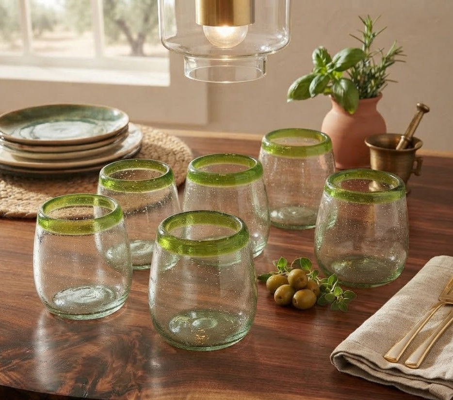 6 PIEZAS DE VASOS DE VIDRIO (MOD. POSTA VERDE LIMA FORMA BOLA)
