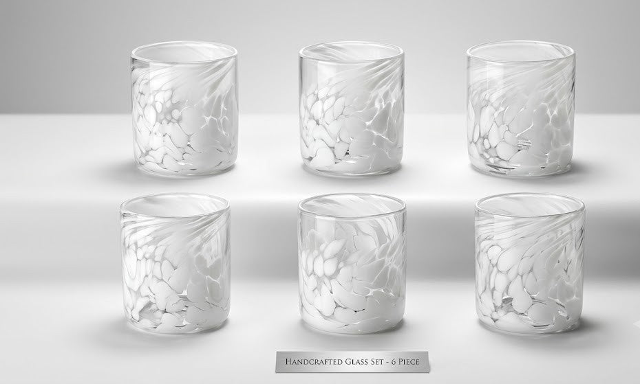 Vaso Rocca Pintas Blancas – Vidrio Soplado Artesanal (set de 6 piezas, incluye regalo con tu compra)