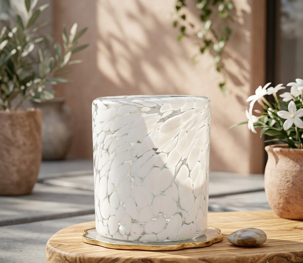 Vaso Rocca Pintas Blancas – Vidrio Soplado Artesanal (set de 6 piezas, incluye regalo con tu compra)