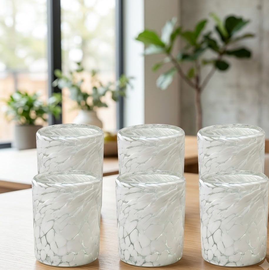 Vaso Rocca Pintas Blancas – Vidrio Soplado Artesanal (set de 6 piezas, incluye regalo con tu compra)