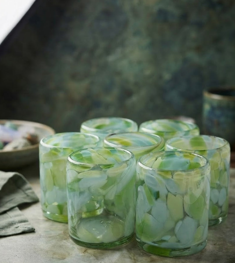 6 Vasos Artesanales de Vidrio Soplado (Tonos Verde y Aqua)