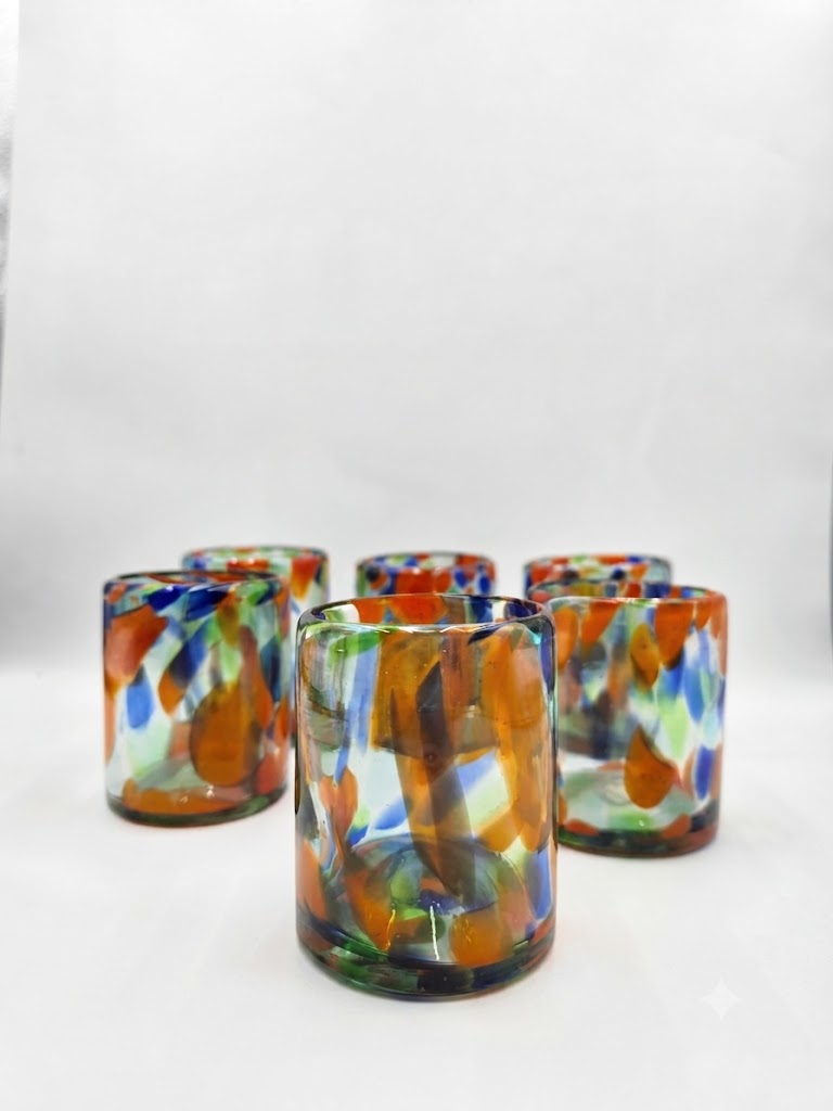 VASOS DE VIDRIO SET DE 6 PIEZAS PINTAS NARANJA FORMA RECTA