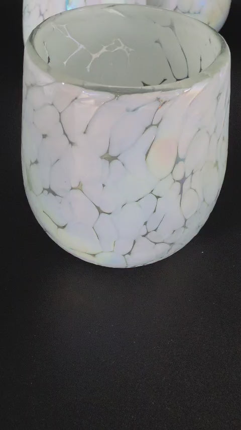 6 PZ VASOS DE VIDRIO FORMA BOLA (MOD. PINTAS BLANCAS CON LUSTRE)
