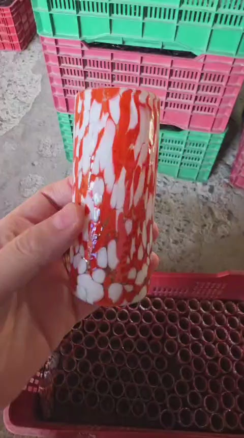 6 PZ TEQUILERO DE VIDRIO 4X9CM (MOD. PINTAS BLANCAS CON NARANJA )