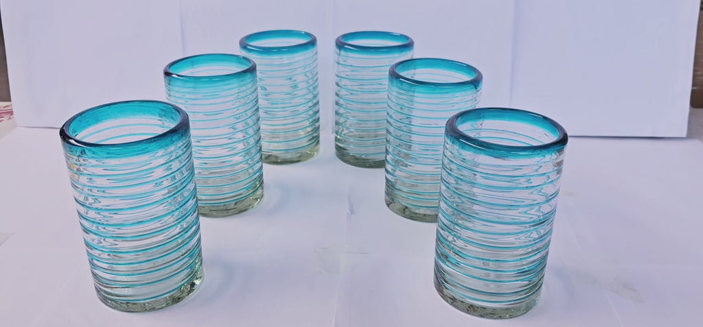 Set de 6 Vasos de Vidrio Soplado Espiral Aquamarina – 14 oz + Regalo Incluido