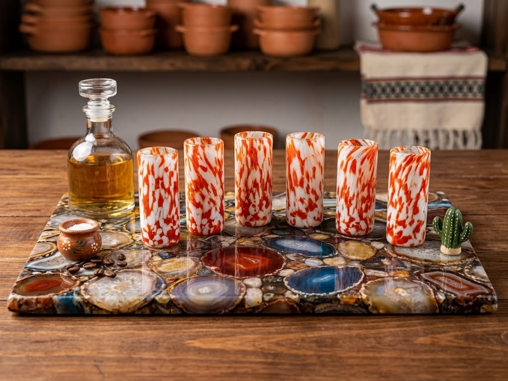 6 PZ TEQUILERO DE VIDRIO 4X9CM (MOD. PINTAS BLANCAS CON NARANJA )