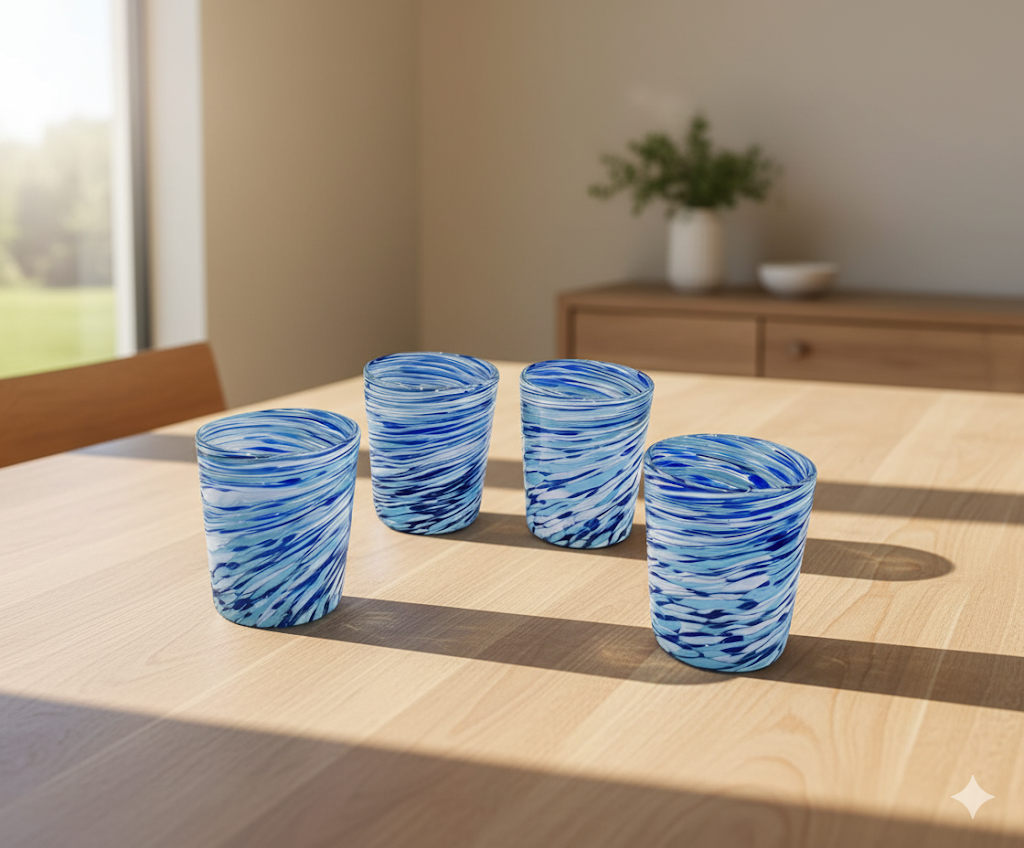 Set de 6 Vasos de Vidrio Soplado Pintas Blue Toneadas + Regalo Incluido