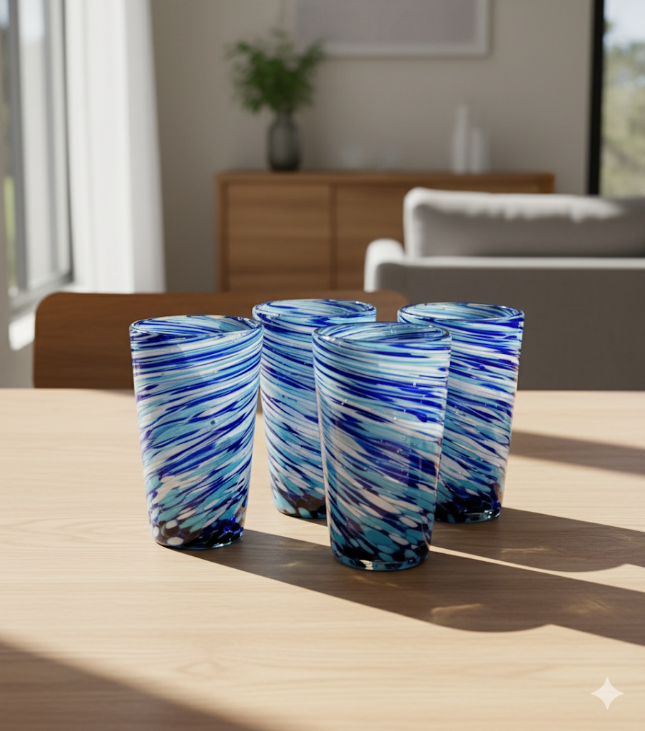 Set de 6 Vasos de Vidrio Soplado Pintas Blue Torcidas + Regalo Incluido