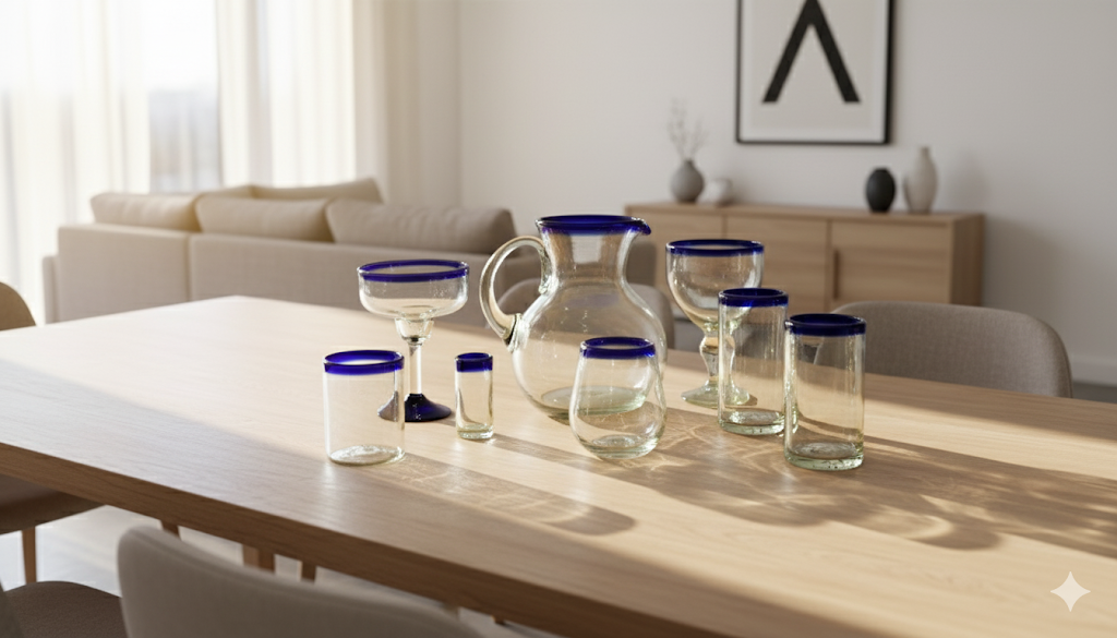 6 VASOS DE VIDRIO (MOD,POSTA COBALTO FORMA BOLA)