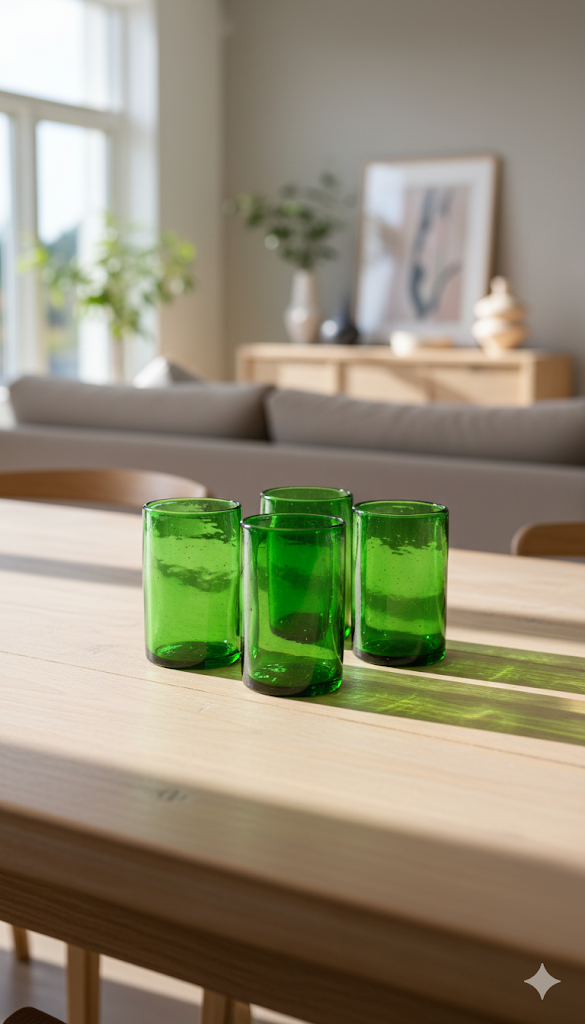 Set de 6 Vasos de Vidrio Soplado Verde Jade – 14 oz + Regalo Incluido