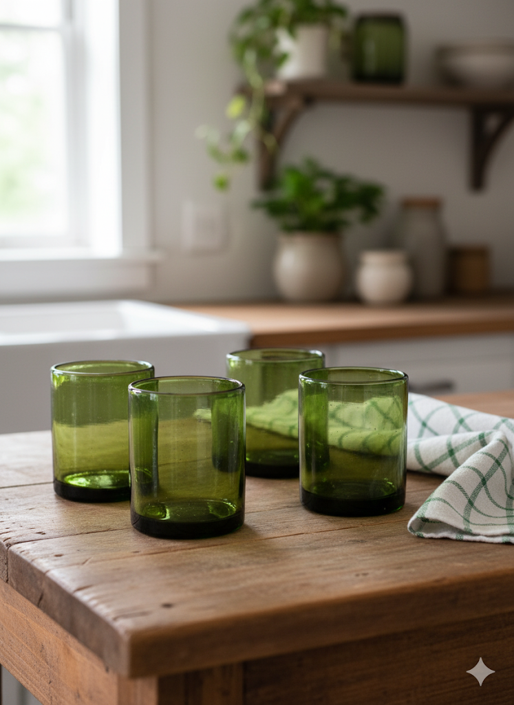 Set de 6 Vasos de Vidrio Soplado Verde Olivo – 10 oz