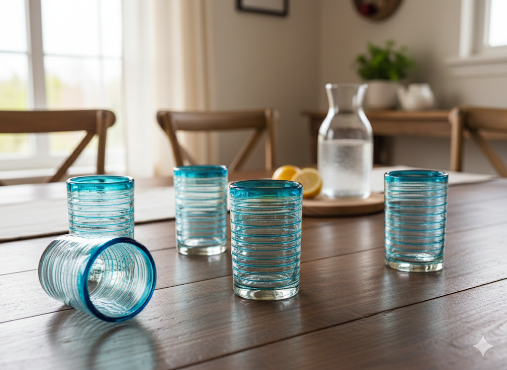 Set de 6 Vasos de Vidrio Soplado Espiral Aquamarina – 14 oz + Regalo Incluido