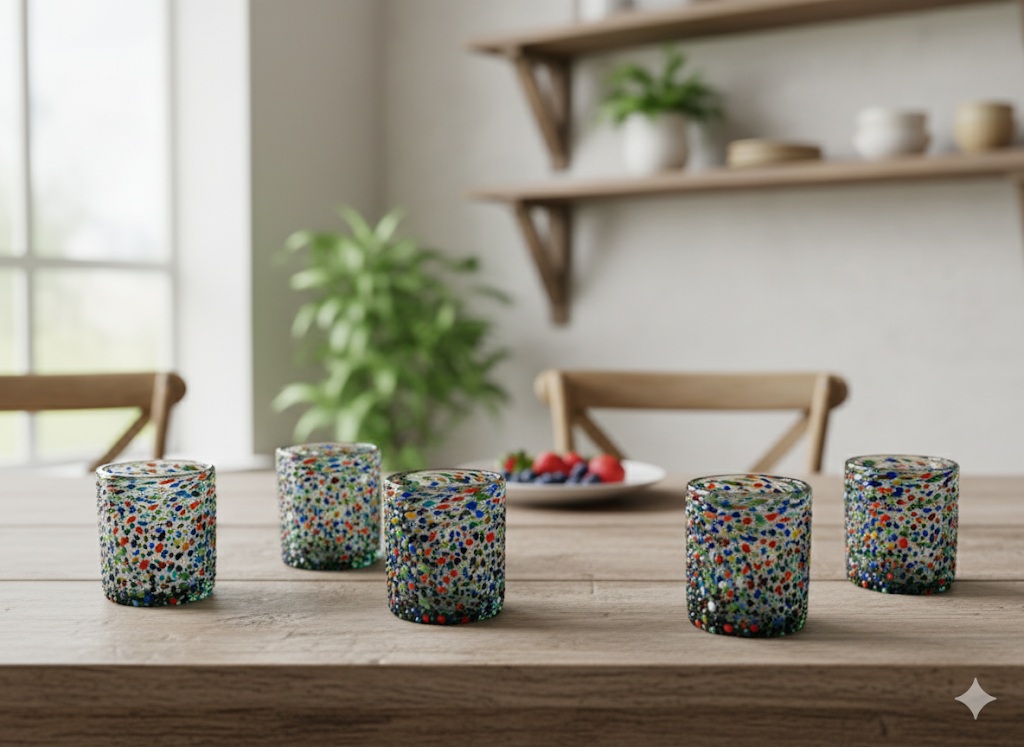 Set de 6 Vasos de Vidrio Soplado Granizado – 10 oz + Regalo Incluido