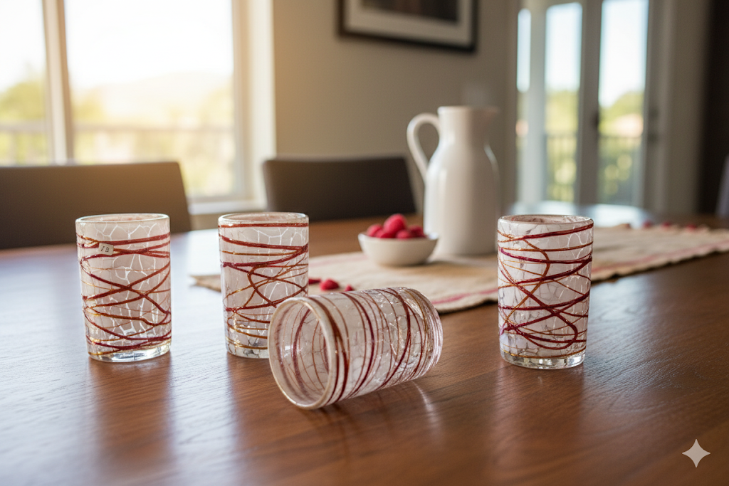 Set de 6 Vasos de Vidrio Soplado Pintas Blancas con Telaraña Roja – 14 oz + Regalo Incluido