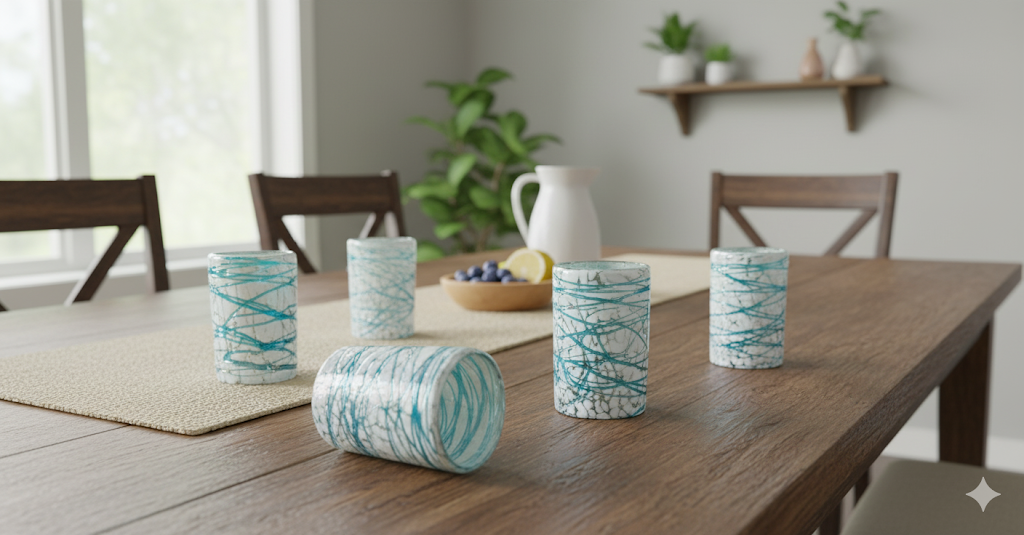 Set de 6 Vasos de Vidrio Soplado Pintas Blancas con Telaraña Aquamarina – 14 oz + Regalo Incluido