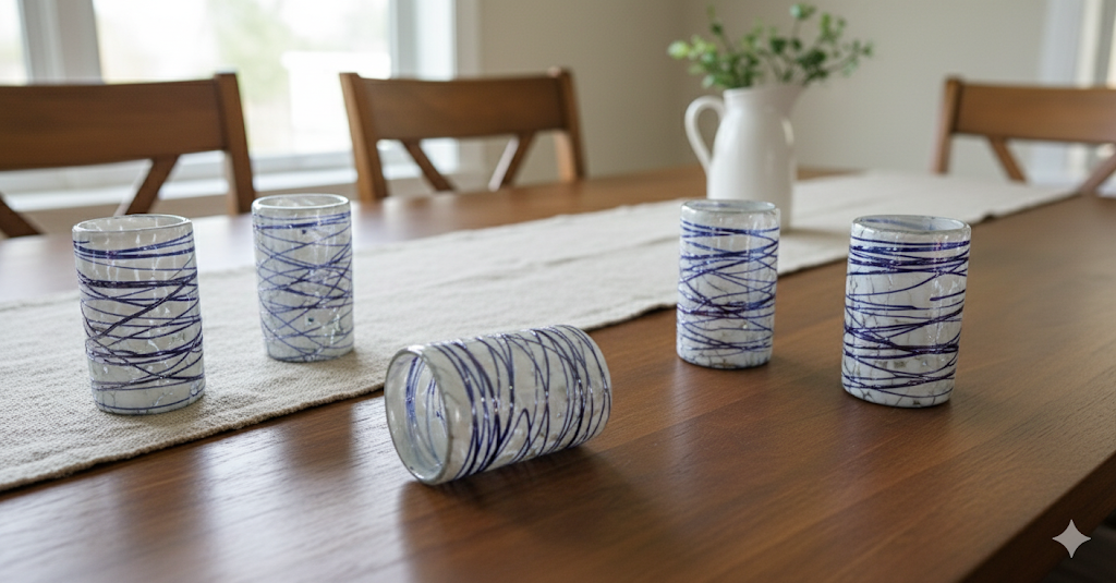 Set de 6 Vasos de Vidrio Soplado Pintas Blancas con Telaraña Cobalto – 10 oz + Regalo Incluido