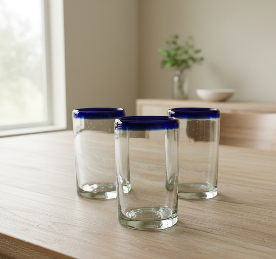 Set de 6 Vasos de Vidrio Soplado Artesanal para Agua – 14 oz + Regalo Incluido