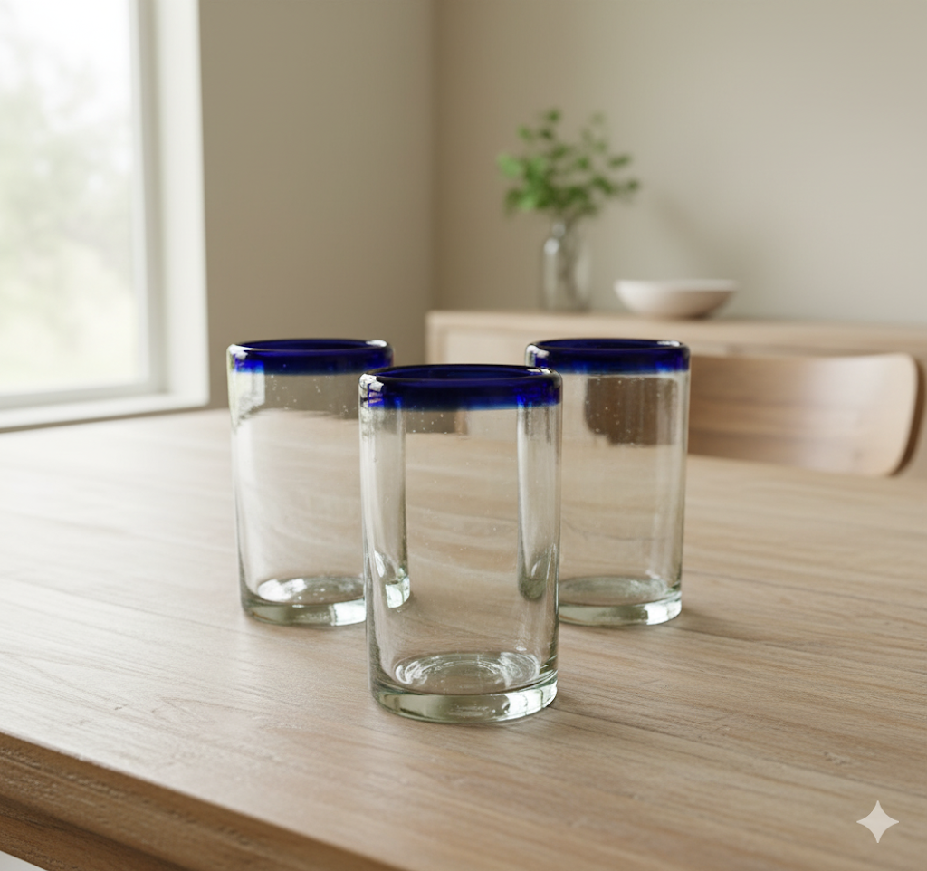 Set de 6 Vasos de Vidrio Soplado Artesanal para Agua – 14 oz + Regalo Incluido